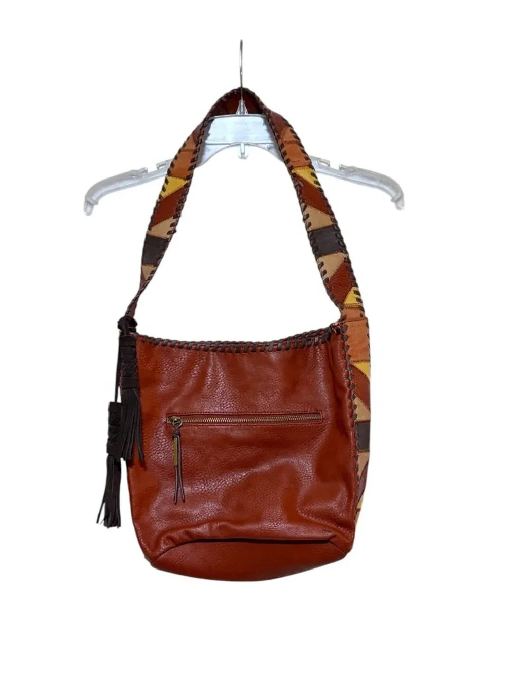 Y2K Steven Faux Leather Patchwork Shoulder Bag Crescent Hobo Tassels Western